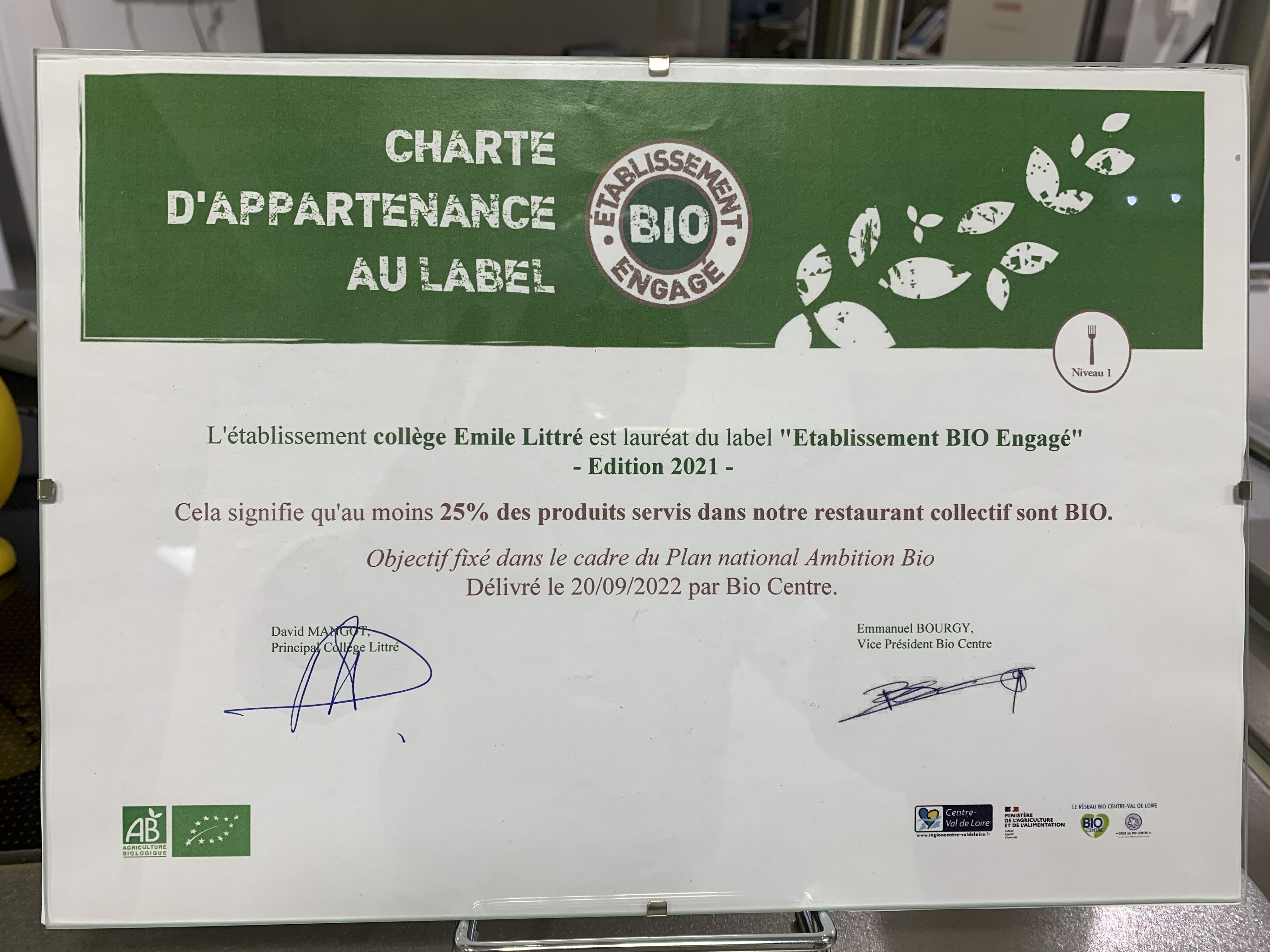 Remise du label Bio Etablissement Engagé Remise du label Bio Etablissement Engagé