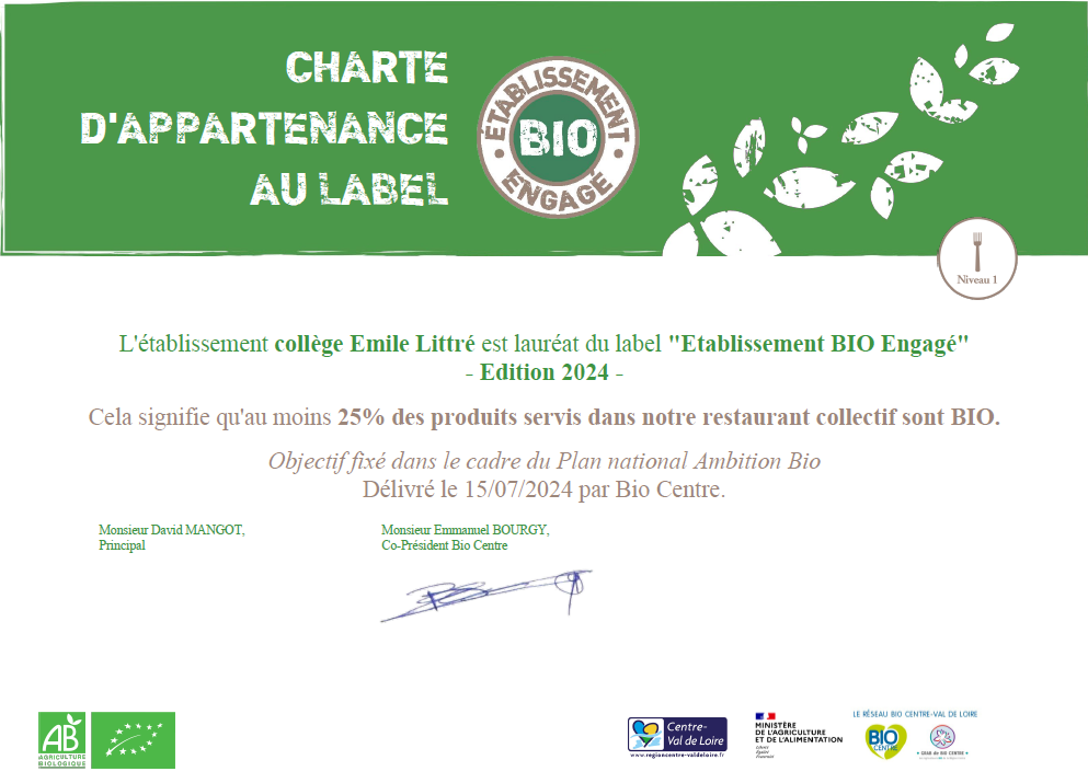 Renouvellement du Label établissement Bio engagé 2024 Renouvellement du Label établissement Bio engagé 2024